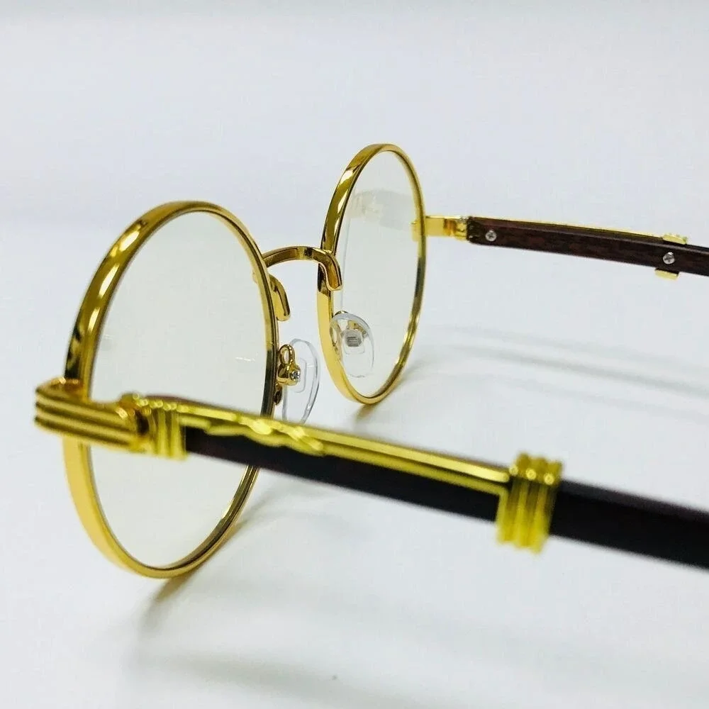 Round Clear Lens Gold Glasses Wood Buffs Stylish Fashion Eyeglasses UV400 Street
